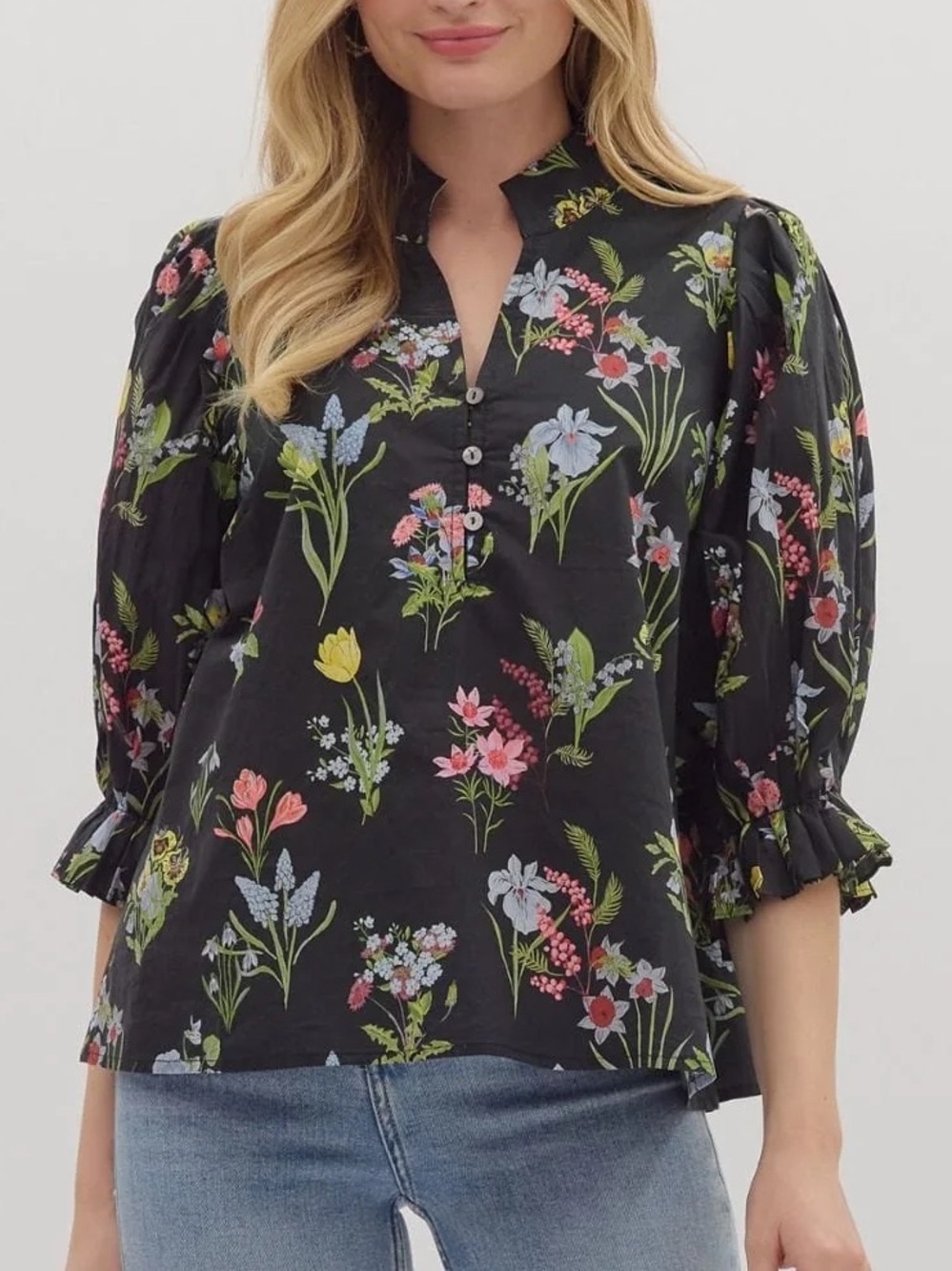 Entro Botanical Print 3/4 Ruffle Sleeve Blouse Top Black Floral Split-Neck M